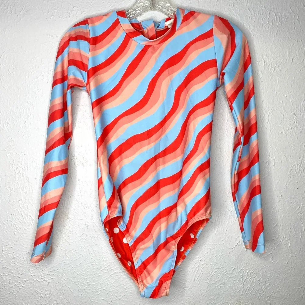 Feather 4 Arrow, girl's size 14, long sleeved one piece surf suit in blue/coral. - Picture 4 of 8